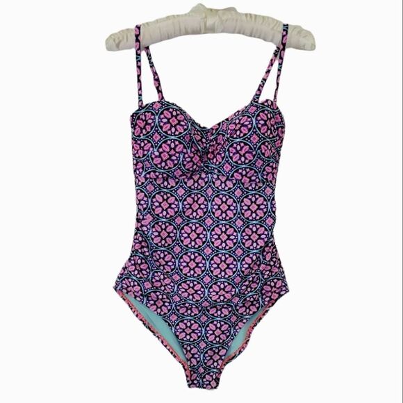 Catalina Pink Patterned Ruched Removable Strap One Piece Swimsuit Size S - Picture 1 of 8